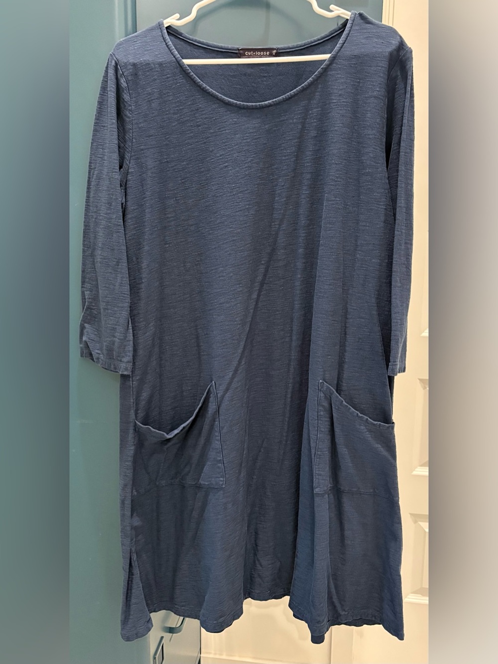 Cut Loose Linen Cotton Jersey Scoopneck 3/4 Sleeve Pocket Dress, Nightsky, XL